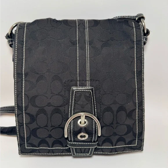 Coach Signature Shoulder Bag Crossbody Black Monogram Canvas & Leather #10082 - Picture 1 of 11